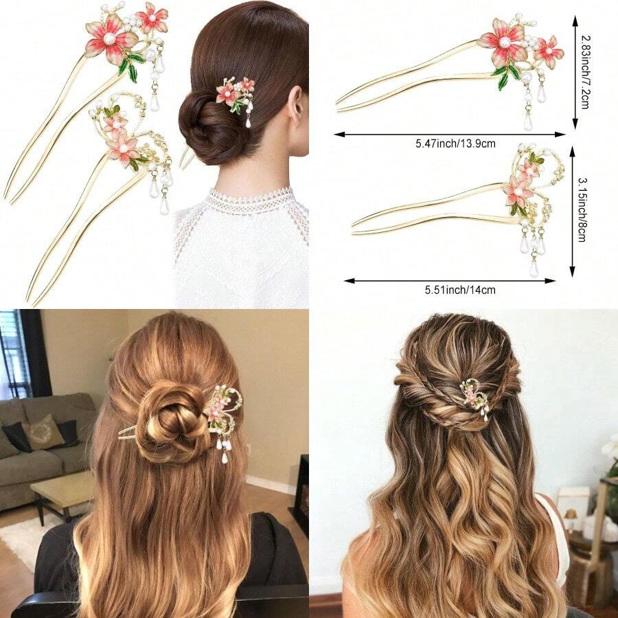 MX 2 Count Chinese Flower Hair Stick Metal Hair Accessories Traditional Hair Sticks For Long Hair Hair Chopsticks For Women Classic Vintage Flower - 粉色 - 查看 1
