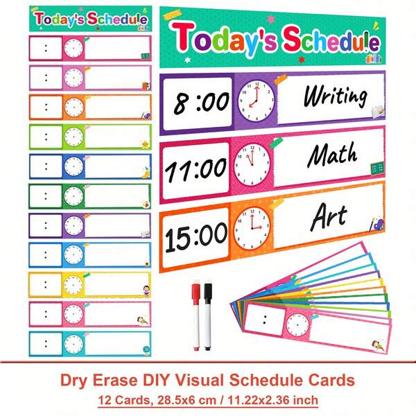 Lachilly 12 Piezas Tarjetas de Horario Diario, Pizarra Borrable DIY Horario Visual para Decoración de Pared en Casa y Aula, Accesorios para Gráfico de Bolsillo, Suministros y Decoración para el Aula, Recursos para Escuela en Casa, Juguetes Educativos