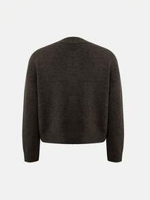 Knit Mix 优雅女士法式宽松针织开衫，适合圣诞节、感恩节、新年等场合；时尚长袖圆领毛衣，休闲纯色外套，秋冬季穿着。 - 黑棕色 - 查看 2