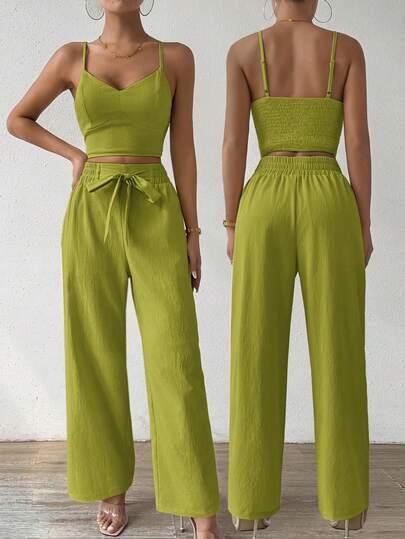 Conjunto de dos piezas estilo bohemio verde | Top corto tipo sujetador y pantalones de pierna ancha con lazo | Cintura elástica con fruncido en la espalda, atuendo para vacaciones y playa