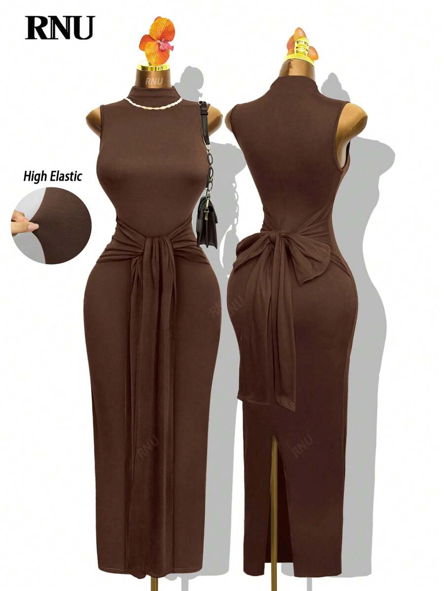 RNU Brown Coffee Color Women's Simple High Neck Stretch Base Slim Women Casual Club Business Casual Concert Outfit Office Outfits Old Money Style Hot Solid Color Ribbed Knitted Fabric High Elastic Ultra Soft Comfortable Skin-Friendly Bodycon Slim Fit Casual Daily Sexy Party Street Vacation Travel Date Spring/Summer/Autumn/Winter Sleeveless Waist Strap New Long Dress
