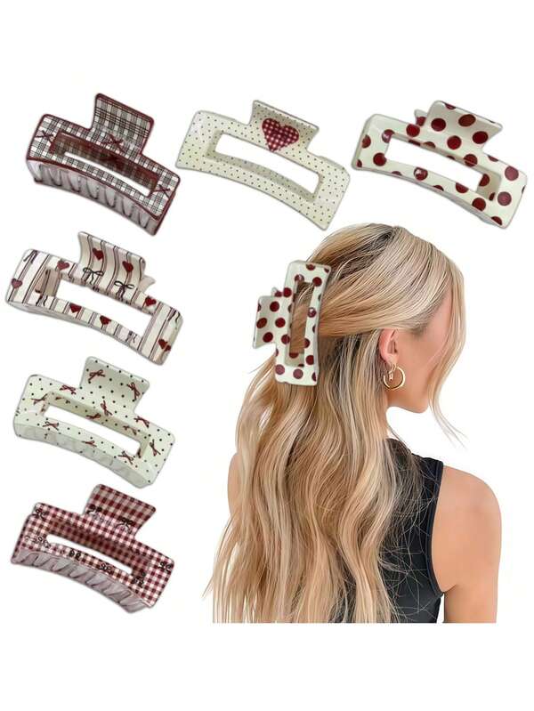 2pcs Fashionable Bow, Heart, Plaid, Polka Dot Print Square Hair Clips, High-End Hollow Hair Claw, Suitable For Bun, Ponytail, Everyday, Outing, Date, Travel, Party, Elegant Sweet Decoration, Perfect Gift For Valentine's Day, Thanksgiving, Christmas, New Year Fall Winter Claw Clip Hair Accessories For Women For Vacation Outfits Woman Autumn Hair Clutch,Gifts,Travel,Gifts For Women,Hair Stuff,Stocking Stuffers