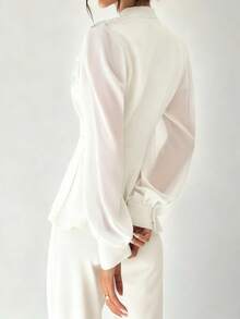 Women's Solid Color Elegant Lace Patchwork Button Front Office Casual 2-Piece Set - White - View 3