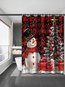 4 pezzi Set di decorazioni natalizie invernali: Tenda da doccia lavabile con motivo pupazzo di neve e albero, include 12 ganci, copriwater a forma di U antiscivolo e tappetino da bagno, adatto per decorazioni natalizie per casa e bagno, regalo
