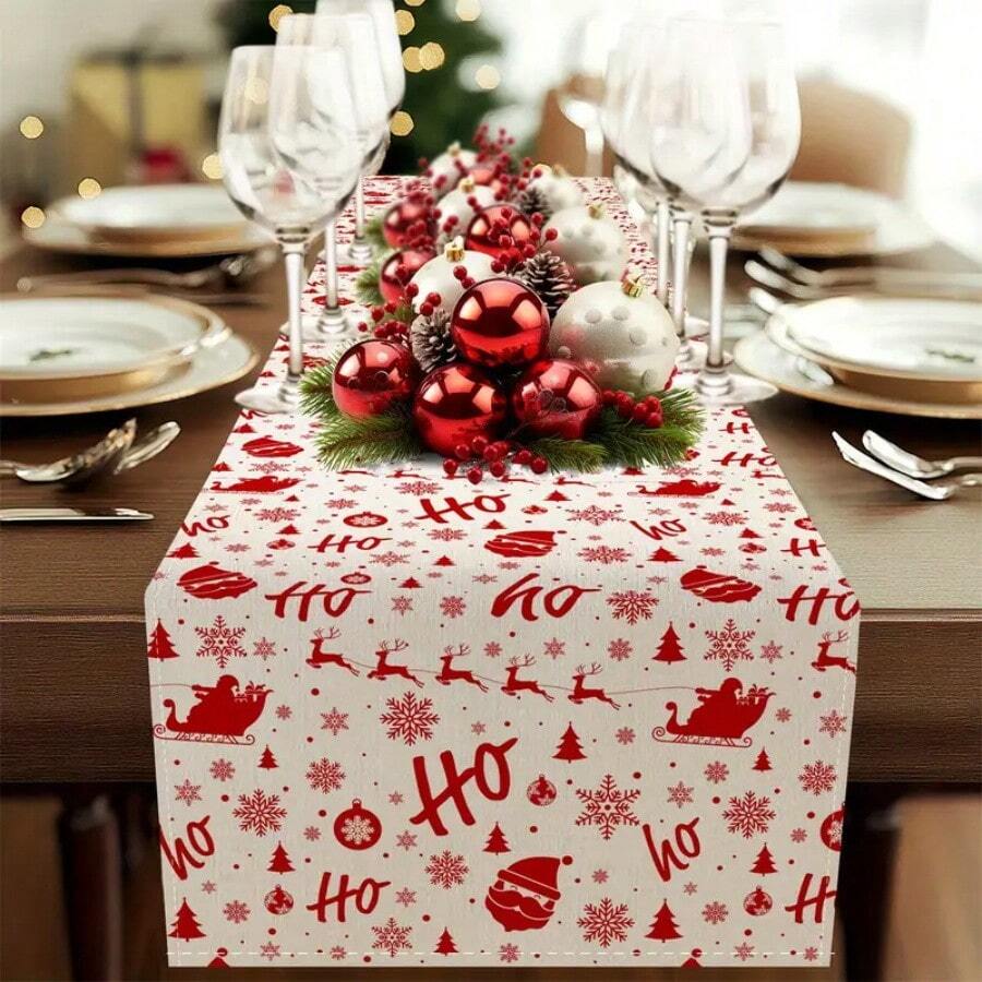 Ein Set aus Leinen-Tischläufer mit Weihnachtsthema, mit Mustern wie rotem Weihnachtsmann, Rentier-Design, Schneeflocken-Dekoration und strapazierfähiger rechteckiger Polyester-Tischdecke für Weihnachtsdekoration. Geeignet für ländliche Feiertagsdekoration, in verschiedenen Größen erhältlich, passend für Esstische