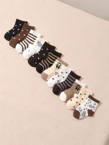 10 Pairs Baby Boys' Solid Color & Random Pattern Casual Mid-Calf Socks, Autumn/Winter