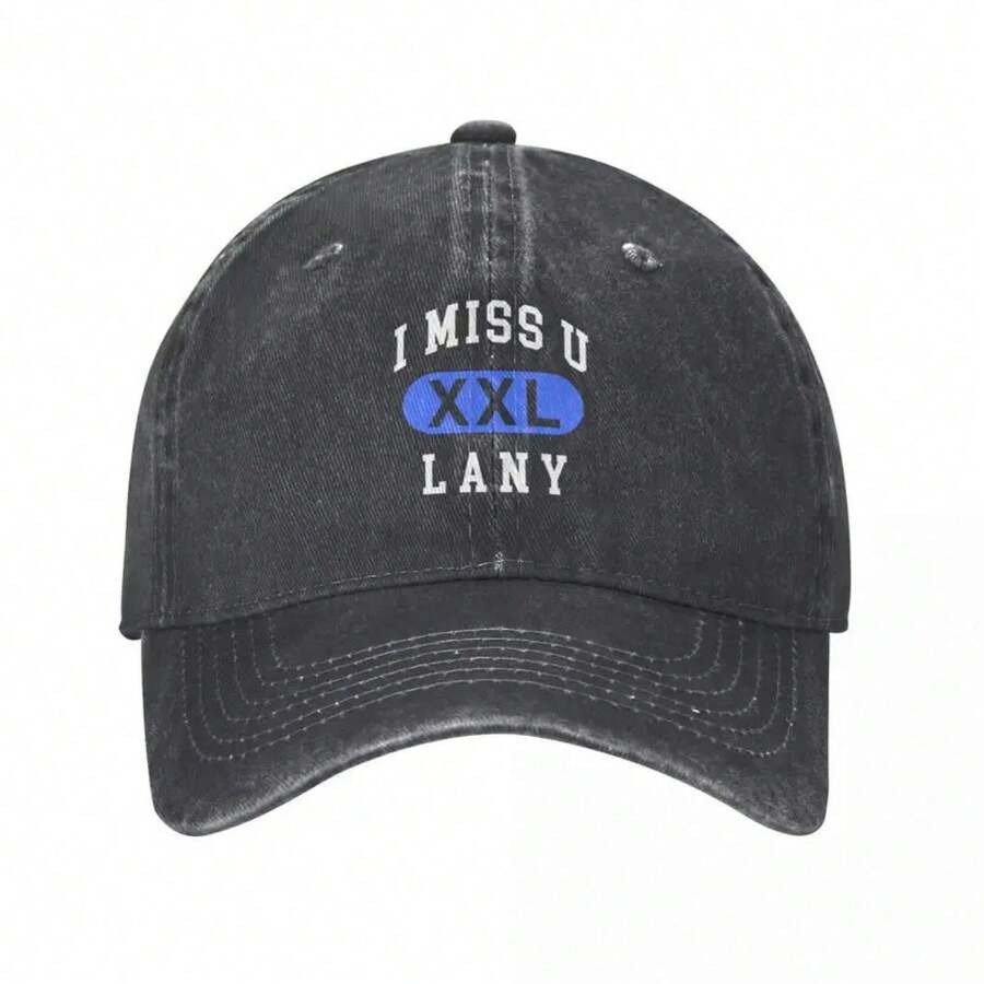 Baseball Cap, I Miss U XXL Lany Print, Washed Cotton, Vintage Retro, Adjustable Breathable, Fall Accessories, Unisex - 黑色 - 查看 1