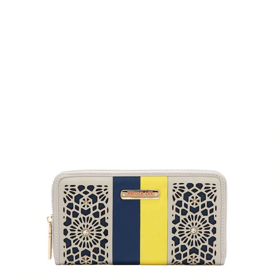 Cartera NicoleLee corte láser de cierre y pedrería monedero mujer diseño exclusivo moda elegante resistente compartimentos accesorios urbanos - Gris - Ver 1