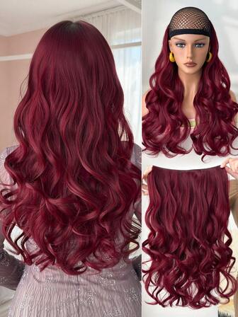 Fyra korta stora vågiga lockiga hårlappar vinröd peruk 20 tum, lämplig för kvinnors jul-, halloween-fester och dagligt bruk