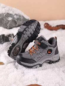 Boys' Winter Plush Thick High-Top Hook And Loop Outdoor Sports Shoes, Comfortable & Versatile, Stylish Snow Boots For Halloween - Grey - View 7