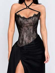 Damen Schwarzes Sexy Neckholder-Spitzenkleid mit Schlitz, Herbst Schulanfang, Party, Urlaub - Schwarz - Übersicht 8