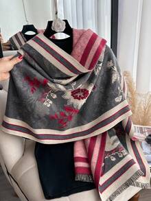 1条优雅花卉植物图案提花仿羊绒保暖围巾/披肩，百搭女士单品，适合秋冬季节，可日常搭配连衣裙，亦可作装饰。 - 灰色 - 查看 5