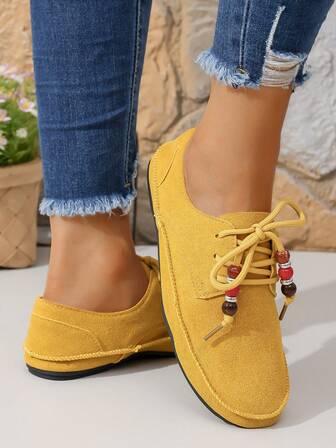 Women's Solid Color Metallic Eyelet Flat Loafers, Casual Lace-Up Outdoor Shoes, Comfortable Low-Top Sneakers