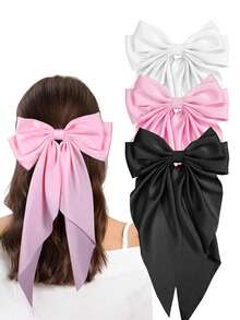 3 Piezas de Pinzas para el Cabello con Lazos para Mujeres, Lazo Negro, Lazo Blanco, Lazos Rosas, Pinzas para el Cabello con Lazos de Cinta de Satén con Cola Larga, Accesorios para el Cabello para Fiestas, Escuela