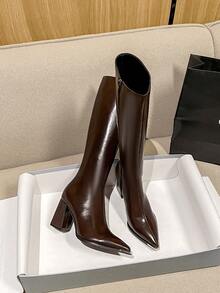 2025 High Quality Hot Selling Autumn New Thick Heel Tall Boots, Fashionable Over-The-Knee Pointed Toe Metal Decor European Style Elegant Minimalist Brown Boots For Women