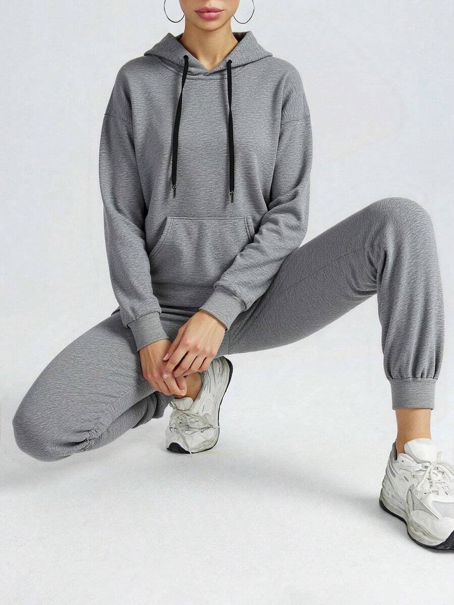 Conjunto de Sudadera con Capucha para Mujer - Ropa Casual y Deportiva, Tejido Cómodo y Transpirable, Diseño Práctico con Bolsillos y Cuerdas Ajustables, Estilo Minimalista y Versátil, Ideal para Varios Escenarios de Uso, Silueta Elegante y Moderna. - flor gris - Ver 1