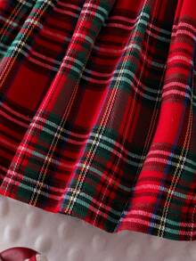 Baby Girl Elegant Collared Color Block Plaid 2 In 1 Bow Ruffle Trim Long Sleeve Waist Cinched Dress - Red - View 6