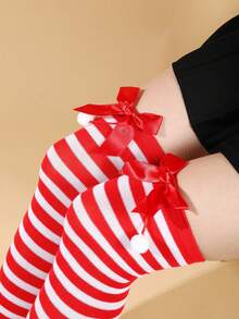 1 Pair European & American Style Christmas Striped Thigh High Socks For Women - Party Outfit, Surprise Gift