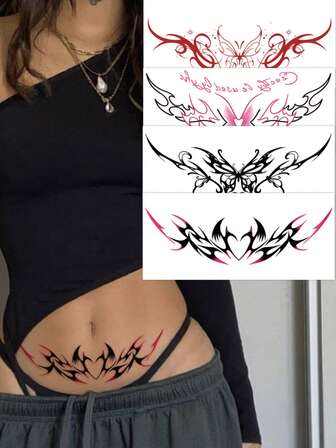 4张性感临时纹身贴 肚腰防水纹身贴 遮盖腰部疤痕 适合女生假身体纹身（腰腹部）