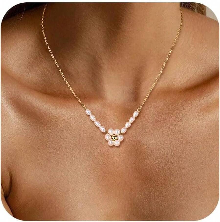 Necklace Women Non Tarnish - Dainty 14K Gold/Silver Plated Pendant Charm Simple Religious Jewelry - Vòng cổ hoa ngọc trai - Xem 1