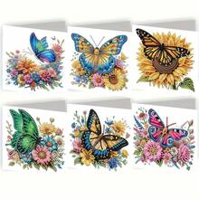 6pcs Diamond Painting Greeting Card Set, DIY Butterfly Theme Design - Includes 6 Envelopes, High-Quality Craft Paper Material, Mosaic Art Creative Postcard. Suitable For Holiday Blessings Or Conveying Heartfelt Gifts, Expressing Warmth And The Best Wishes. - Multicolor - View 2