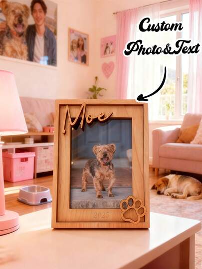 Personalized Wooden Dog Photo Frame, Customized Pet Memorial Gift With Engraved Name And Date, Vertical Desktop Display, Smoked Design, Paw Print Hollow, Suitable For Easter, Mother's Day, Father's Day, Casual Square Wooden Photo Frame, Desktop Picture Stand, Elegant Font Design, Wood Grain Texture, Dog Collectible, Meaningful Home Decor, Handcraft, Customized Pet Accessory, Pet Owner Exclusive, Pet Lover Gift, Christmas Gift