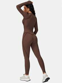 MFVIM Salopetă sport dintr-o singură piesă pentru femei, cu mânecă lungă și fermoar pe jumătate, costum de fitness strâmt și sexy, costum de yoga sport de înaltă intensitate.