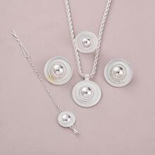 African Golden Color Jewelry Set, Luxury Party Jewelry For Women, Geometric Round Pendant Necklace, Ring, Earrings, Bracelet, Headchain, Middle East Bride Wedding Jewelry Gift Set