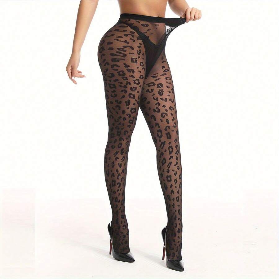 Women's High Waist Fashion Leopard Print 20D Transparent Tights - Stretch Nylon And Spandex Blend, Hand Washable - Black - View 1