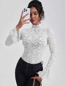 女士性感修身立领长袖蕾丝镂空衬衫，适合夏季穿着，可作婚礼宾客白色上衣 - 白色 - 查看 6