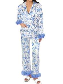 Women's Valentine Bow Print Feather Trim Loungewear Set - Satin Button-Front Pajama Set With Fluffy Cuff Detail For Spring - nơ xanh - Xem 5