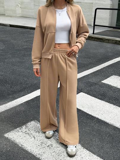 GAOVOT 女装卫衣两件套秋冬休闲通勤街头立领开衫外套宽松阔腿直筒裤套装