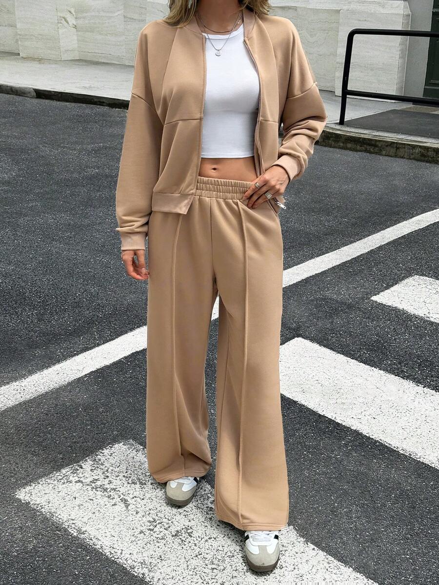 女装卫衣两件套秋冬休闲通勤街头立领开衫外套宽松阔腿直筒裤套装 - 卡其色 - 查看 1