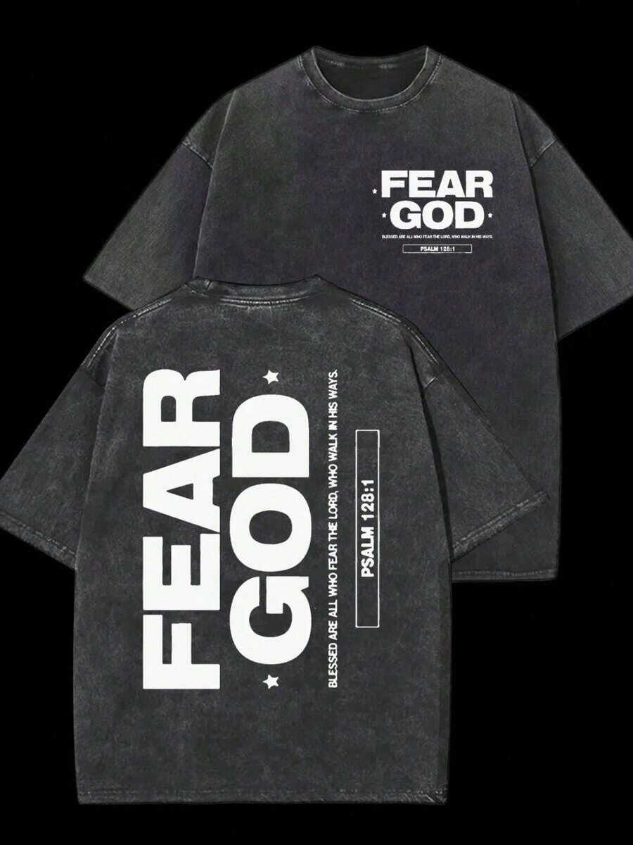 20261 PCS Retro Religious "Fear God" Graphic Tee: Featuring Distressed Vintage Finish, Bold Front & Back Letter Print With "FEAR GOD" Phrase, Inspirational Religious Text From Psalm 128:1, Perfect For Infusing Spiritual, Nostalgic Vibes Into Fits During Easter Celebrations, Church Events, Or Daily Wear, Christmas & Halloween & Thanksgiving Day & Valentine's Day & Pride & Father's Day & Easter & Mother's Day & New Year & Spring Festival, Men's Round Neck Printed Short Sleeve Casual Everyday T-Shirt, They Are Excellent Gifts For Friends And Family, 100% Cotton T-Shirts Feature, A Yhful And Fashionable Design, Graphic Tees Men, Graphic Tees Women, Cachorro Feliz, Back To SchoolLoose And Comfortable,Casual And Easy-Goin,High-Quality Wax Printed Cotton Retro FashionBrand T-Shirt, Men's T-Shirt, Beach Must-Have, Men's Summer T-Shirt, Holiday Gift, - 黑色 - 查看 1