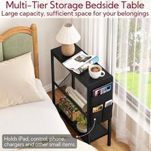 Small Narrow Side Table Small Spaces, Slim End Table With Storage Bag, Sofa Snack Table With Adjustable Metal Mesh, 3 Tier Accent Beside Table Living Room Bedroom, Rustic Brown