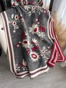 1条优雅花卉植物图案提花仿羊绒保暖围巾/披肩，百搭女士单品，适合秋冬季节，可日常搭配连衣裙，亦可作装饰。 - 灰色 - 查看 3