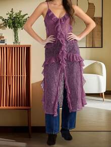Women Lace Camisole, Sleeveless Tops V-Neck Slit Ruffled Summer Long Sheer Tops Clubwear - Hồng - Xem 4