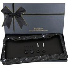 Bling License Plate Frame For Women, Sparkly Stainless Steel License Plate Frames| Over 1200 Pcs 14 Facets Clear Glass Rhinestone Crystals W/Free Glitter Diamond 1PCS Box (Black) - màu đen - Xem 8
