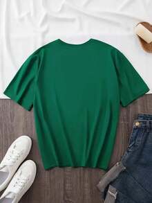 Camiseta playera básica gráfica estampada casual dama mujer tallas extra curvy plus size manga corta cuello redondo look casual relajado cómodo versátil fresca ligera colorido diseño navidad año nuevo efecto pedrería navideño clásico - Verde - Ver 2