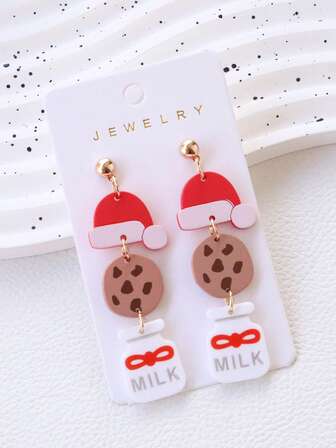 1 par de aretes navideños de arcilla suave acrílica pintada con diseños de sombrero, galleta y leche, regalos divertidos y lindos para fiestas navideñas