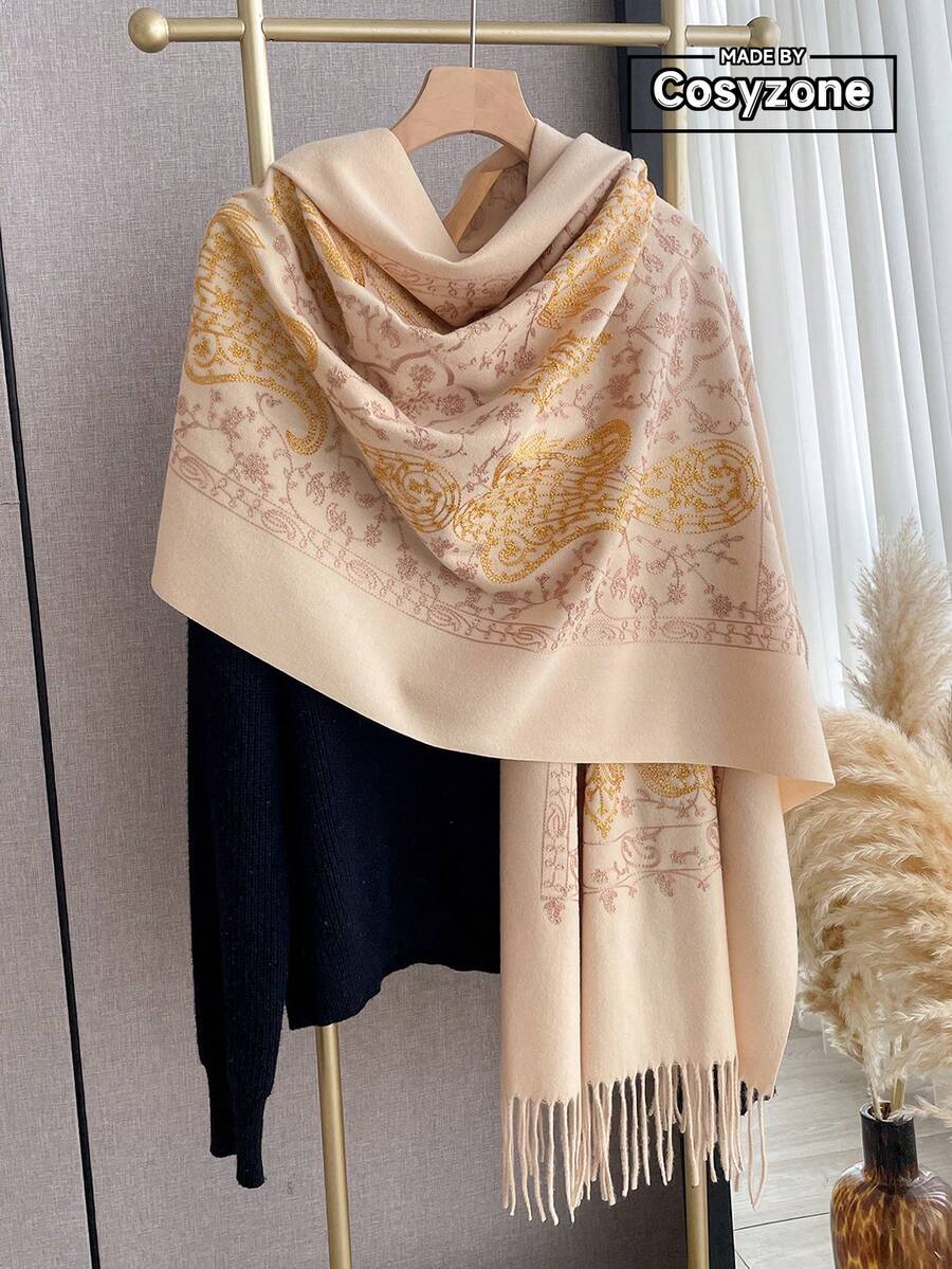 1pc Women's Autumn/Winter Faux Cashmere Embroidered Scarf, Thick Warm Tasseled Embroidered Bohemian Style Travel Shawl Poncho