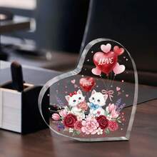 زينة أكريليك قلب بشكل فلامنغو مسطح 2D - بتصميم وردة وبالونات زهرية، مناسب لعيد الحب، عيد الميلاد، الذكرى السنوية، تركيب بدون بطاريات، زينة كلاسيكية بشكل فلامنغو للمكتب المسطح 2D