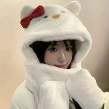 Sanrio Saneio ha autorizado el conjunto de 3 piezas de Guantes KT, Gorro y Bufanda Hello Kitty, que incluye un gorro esponjoso, un cuello cálido de invierno y guantes cálidos de invierno, un conjunto de bufanda de invierno de 3 en 1 para mujer. Artículo cálido y lindo con un gorro conectado. Regalo perfecto de Halloween para amigos y mejores amigas, regalo de Navidad, Año Nuevo y cumpleaños.