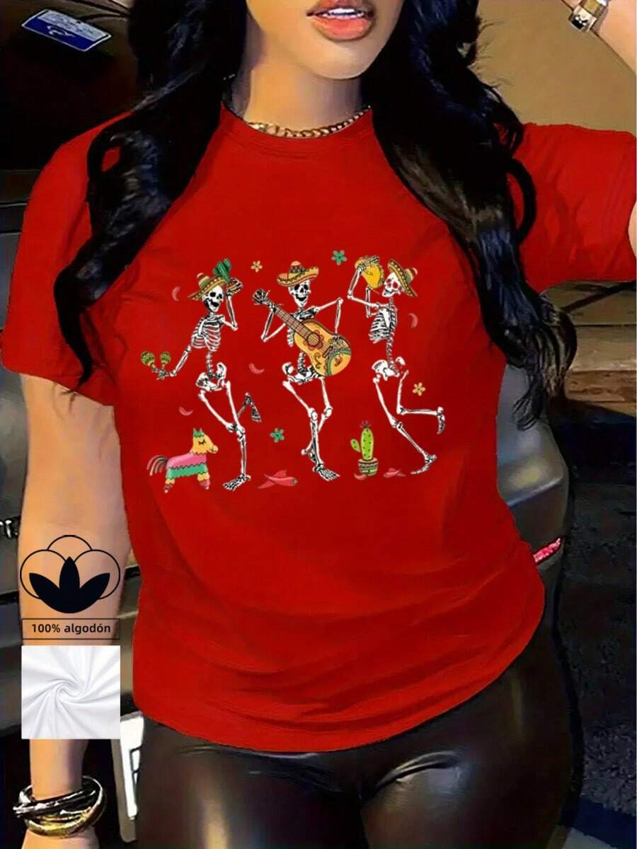 Camiseta casual para mujer, 100% algodón, estampado gráfico de bailarina de esqueleto de carnaval, camiseta de manga corta con cuello redondo casual y cómoda, ropa de primavera y verano, adecuada para cualquier ocasión, color sólido, casual, uso diario. - Rojo - Ver 1