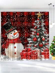 4 pezzi Set di decorazioni natalizie invernali: Tenda da doccia lavabile con motivo pupazzo di neve e albero, include 12 ganci, copriwater a forma di U antiscivolo e tappetino da bagno, adatto per decorazioni natalizie per casa e bagno, regalo