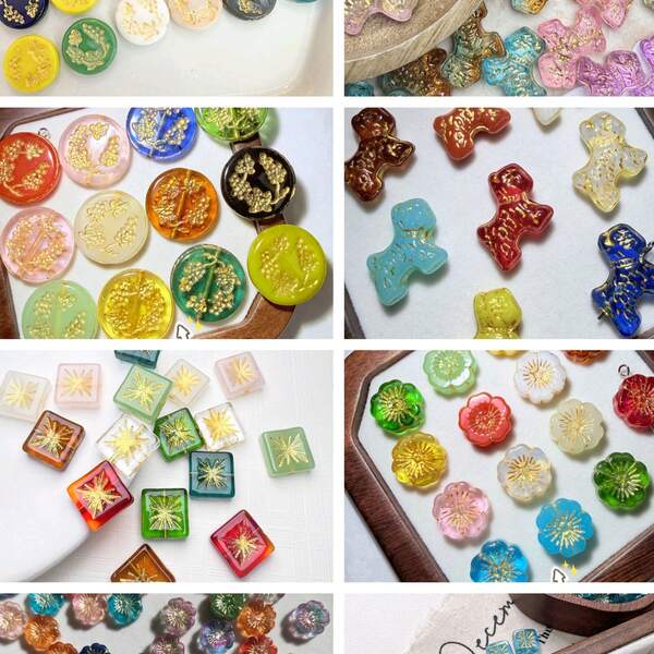 10 pièces Nouvelles perles en verre tchèque imitées, multicolores vintage. Disque rond doré plaqué or raisin, perle en forme de caniche dorée peinte, perle carrée en verre vintage, perle en verre tchèque à fleur dorée peinte à la main. Fournitures de perles pour bracelet, collier, pince à cheveux, boucles d'oreilles, perles en verre.