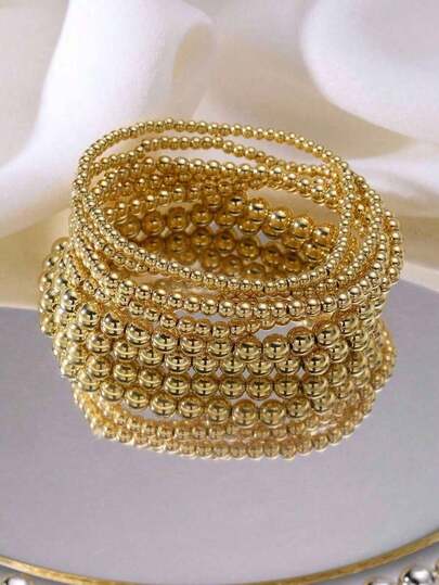 7pcs Gold Bracelets For Women Gold Bracelet Stack Pearl Beaded Bracelets For Women 14K  Stretch Bead Ball Bracelet Sets Jewelry For Mother's Day Birthday Gifts