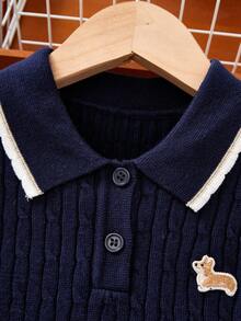 Girls Corgi Dog Embroidery Sweater Dress, Casual Elegant British Style Long Sleeve Collared Short Knitted Dress For Tween Girl, Spring Autumn Winter - Navy Blue - View 3
