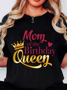 T-Shirt Mom Of The Birthday Queen Crown Print Women's Casual Top For Birthday Party Celebration, 220g - 黑色 - 查看 1