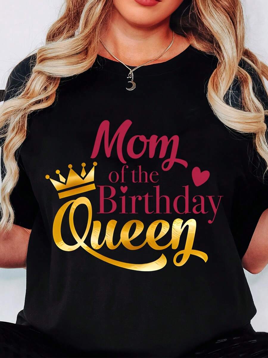 T-Shirt Mom Of The Birthday Queen Crown Print Women's Casual Top For Birthday Party Celebration, 220g - 黑色 - 查看 1